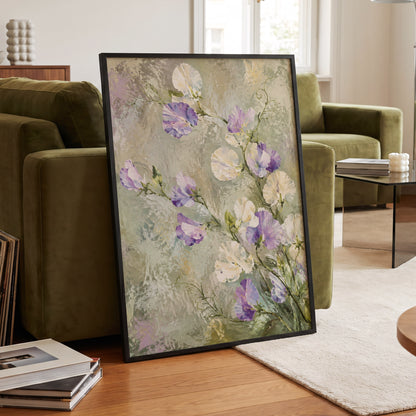 Lilac Tendrils, purple, white, green floral wall art displayed in a styled interior, gallery view 2