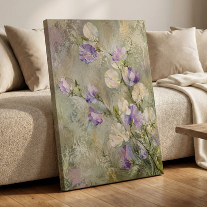 Lilac Tendrils, purple, white, green floral wall art displayed in a styled interior, gallery view 3