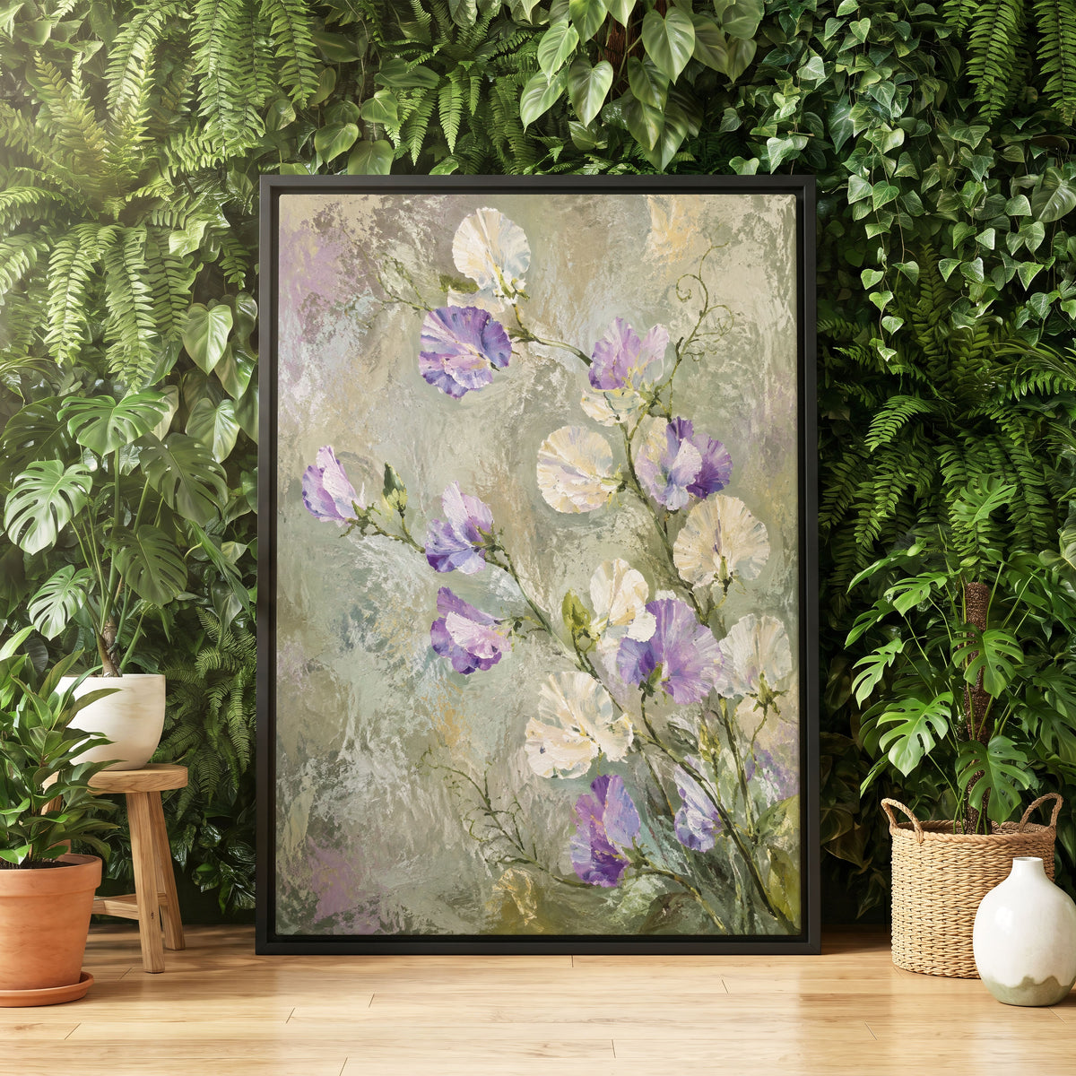 Lilac Tendrils, purple, white, green floral wall art displayed in a styled interior, gallery view 4