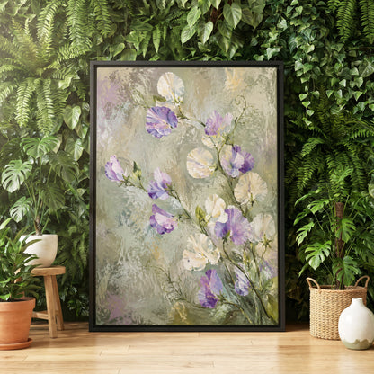 Lilac Tendrils, purple, white, green floral wall art displayed in a styled interior, gallery view 4