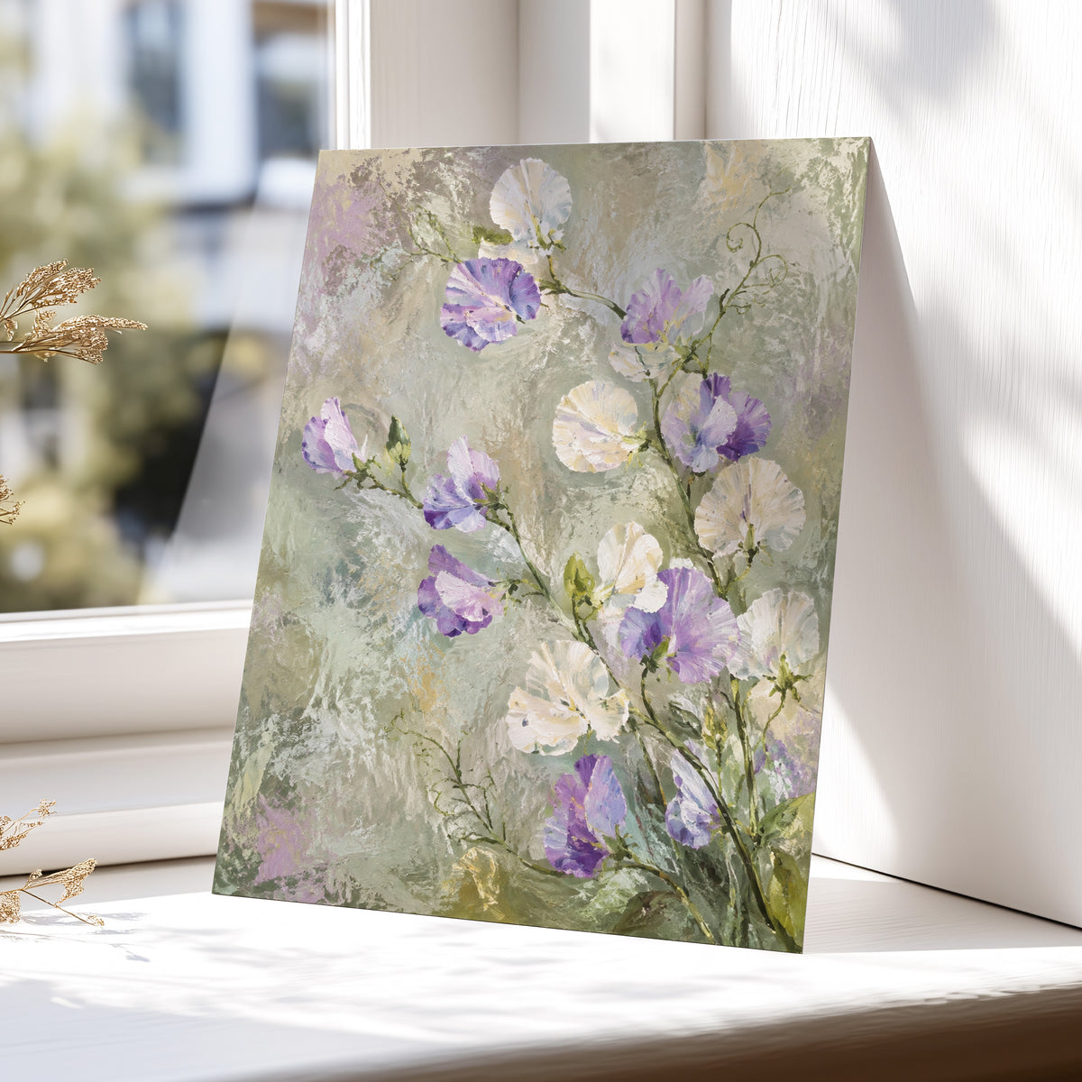 Lilac Tendrils, purple, white, green floral wall art displayed in a styled interior, gallery view 5