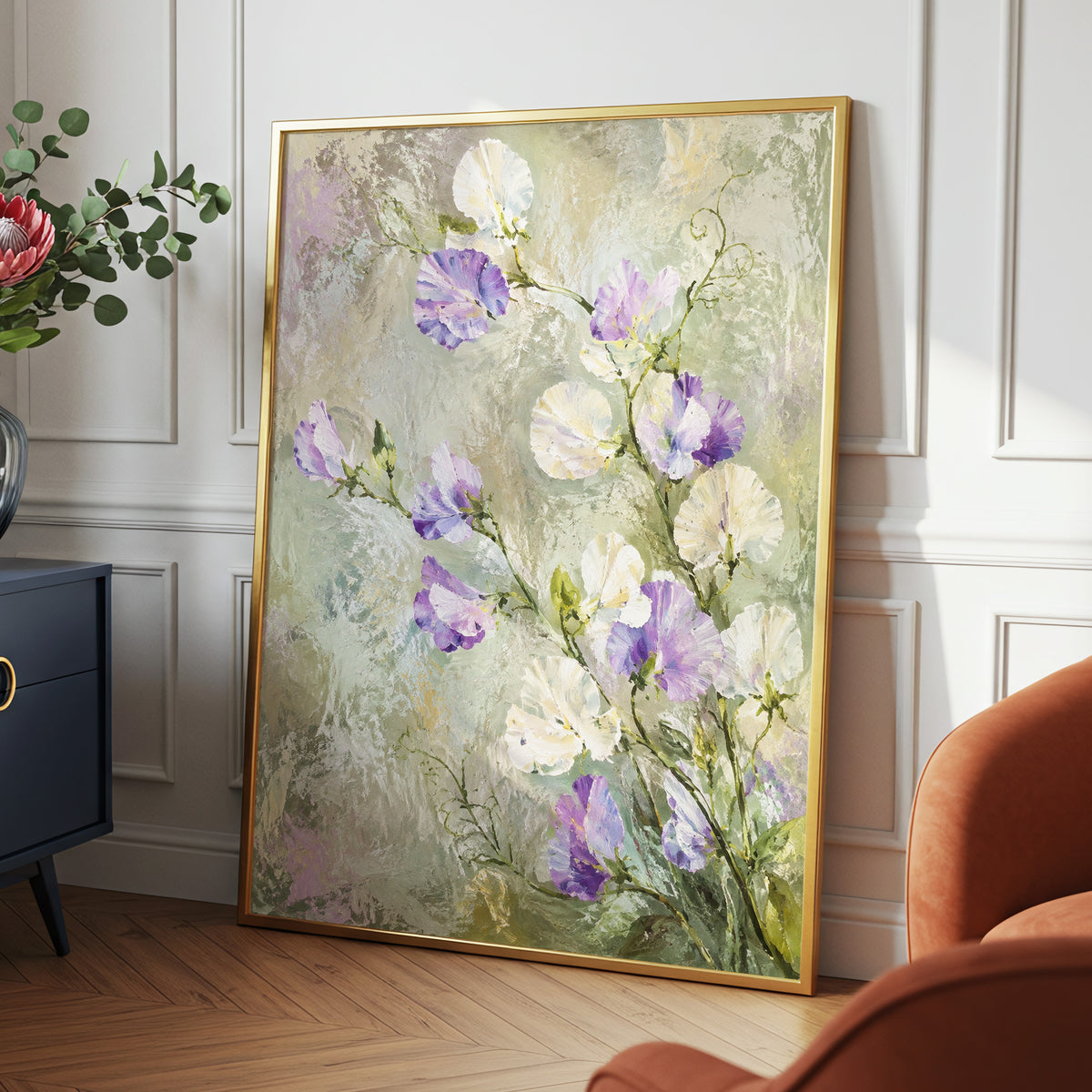 Lilac Tendrils, purple, white, green floral wall art displayed in a styled interior, gallery view 6