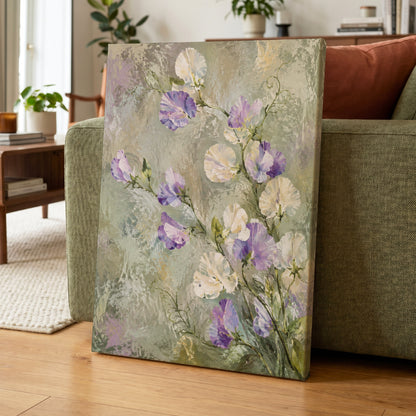 Lilac Tendrils, purple, white, green floral wall art displayed in a styled interior, gallery view 7