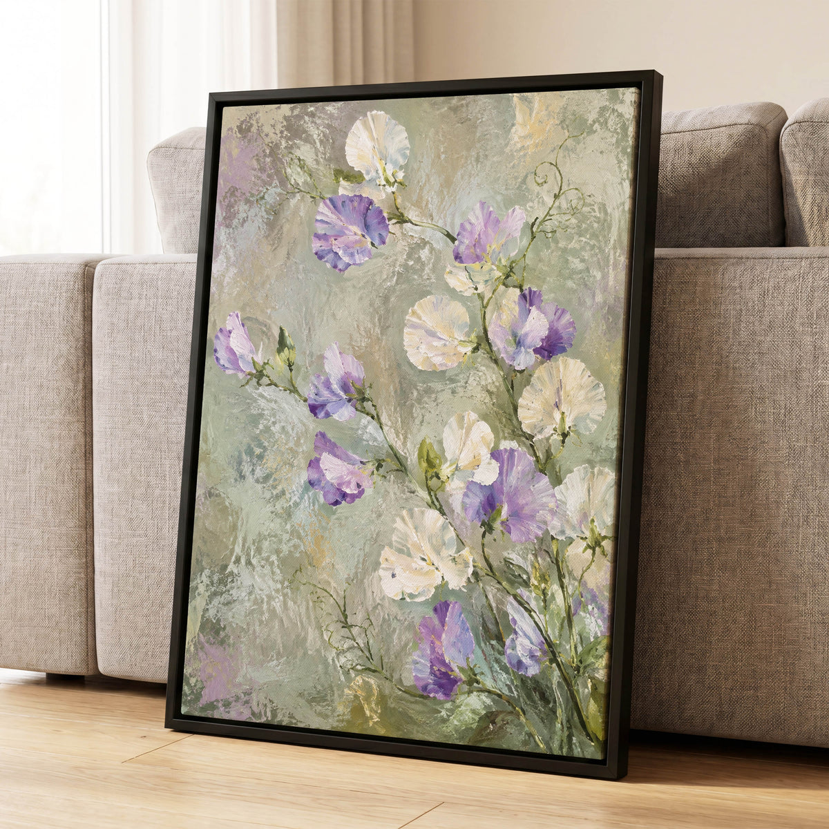 Lilac Tendrils, purple, white, green floral wall art displayed in a styled interior, gallery view 8