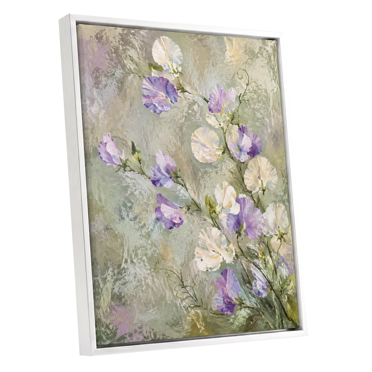 Lilac Tendrils, purple, white, green floral wall art shown as a white framed canvas wall art