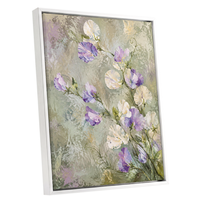 Lilac Tendrils, purple, white, green floral wall art shown as a white framed canvas wall art