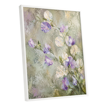 Lilac Tendrils, purple, white, green floral wall art shown as a white framed poster wall art print