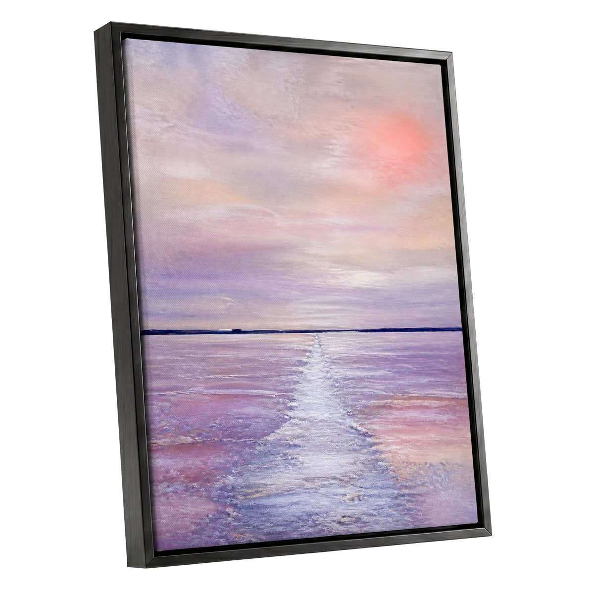 Lilac Tide, purple, pink, blue nature wall art shown as a black framed canvas wall art