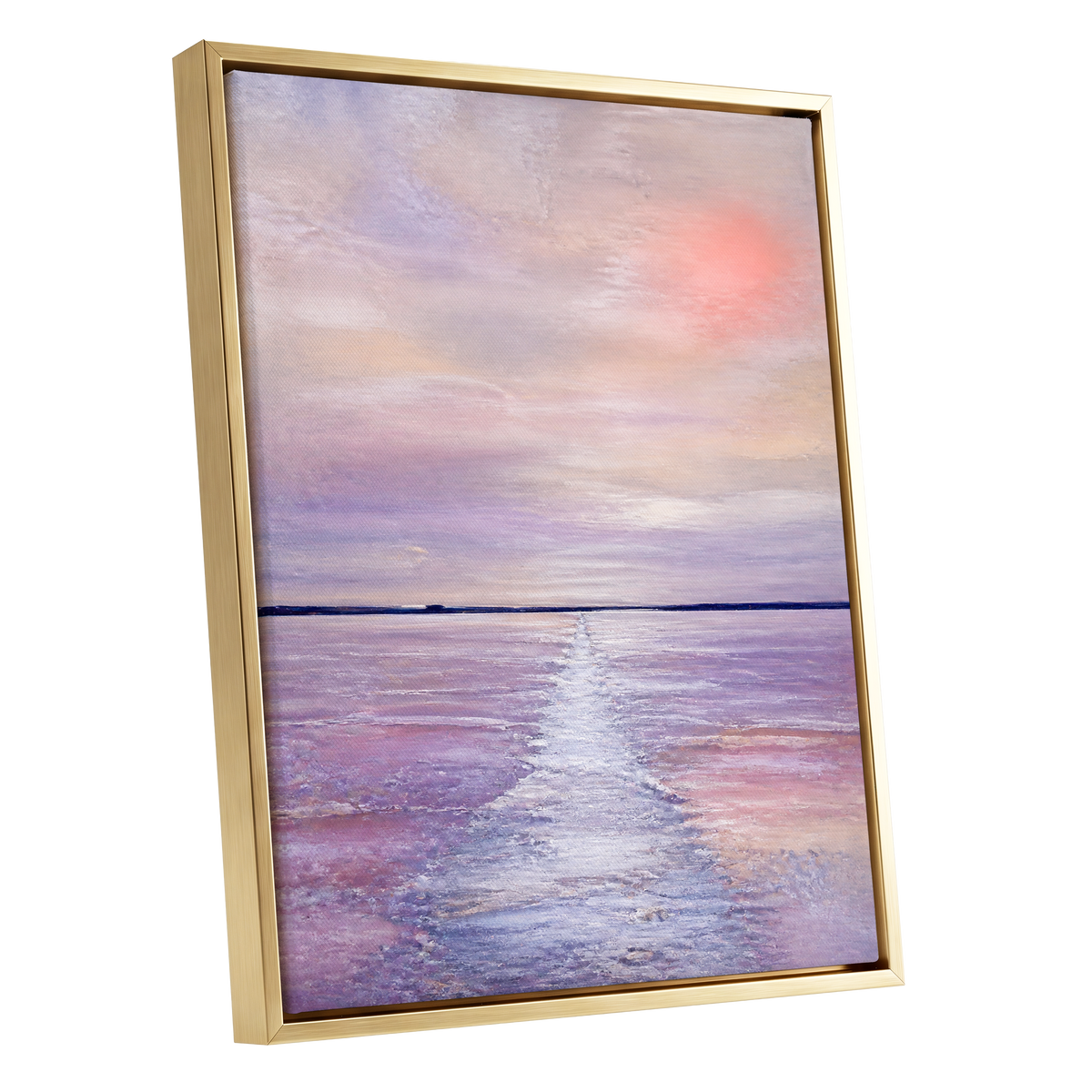 Lilac Tide, purple, pink, blue nature wall art shown as a gold framed canvas wall art