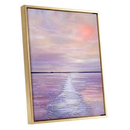 Lilac Tide, purple, pink, blue nature wall art shown as a gold framed canvas wall art