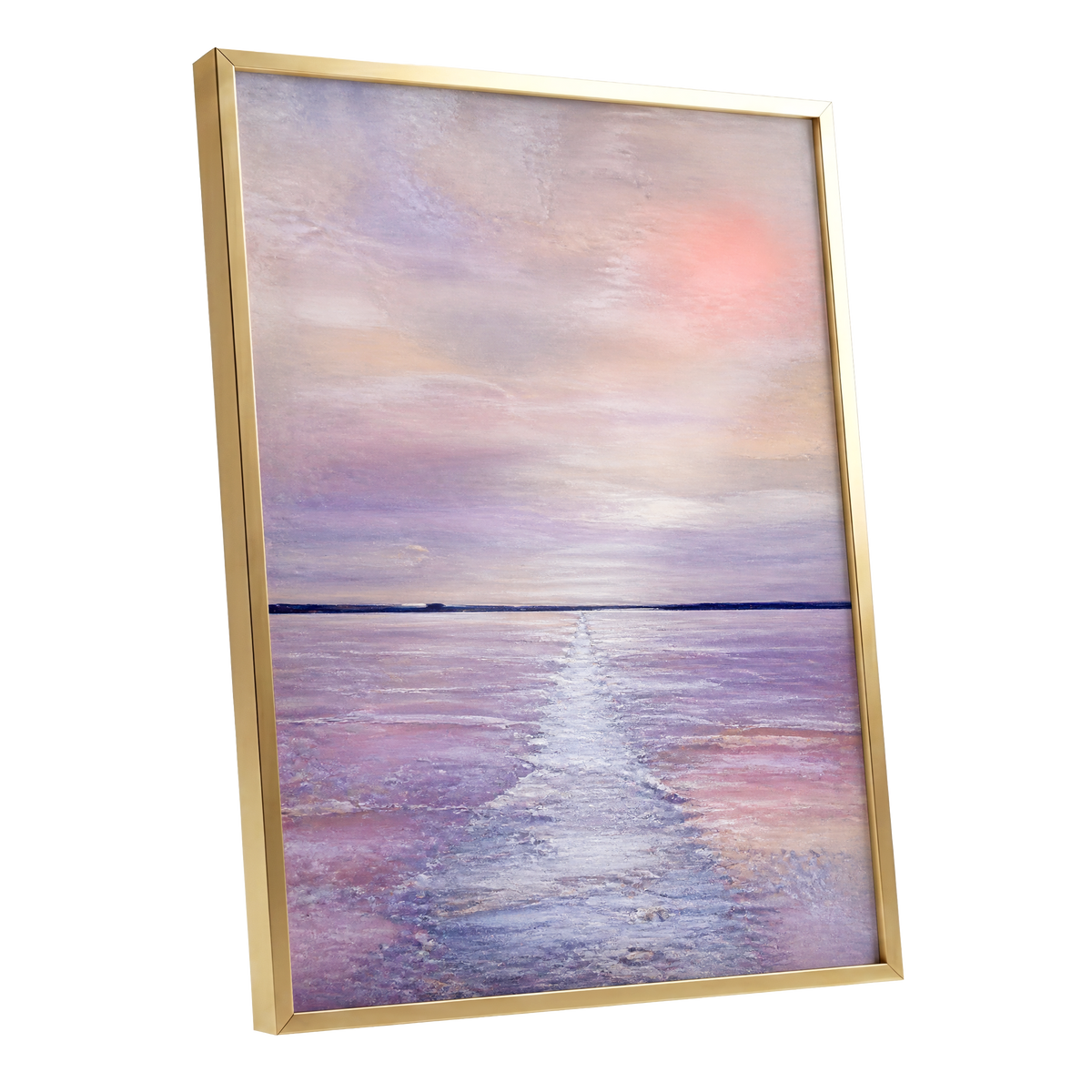 Lilac Tide, purple, pink, blue nature wall art shown as a gold framed poster wall art print