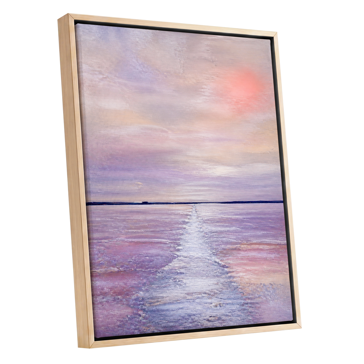 Lilac Tide, purple, pink, blue nature wall art shown as a oak framed canvas wall art