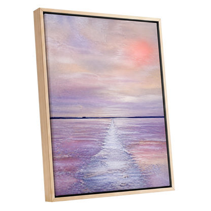 Lilac Tide, purple, pink, blue nature wall art shown as a oak framed canvas wall art
