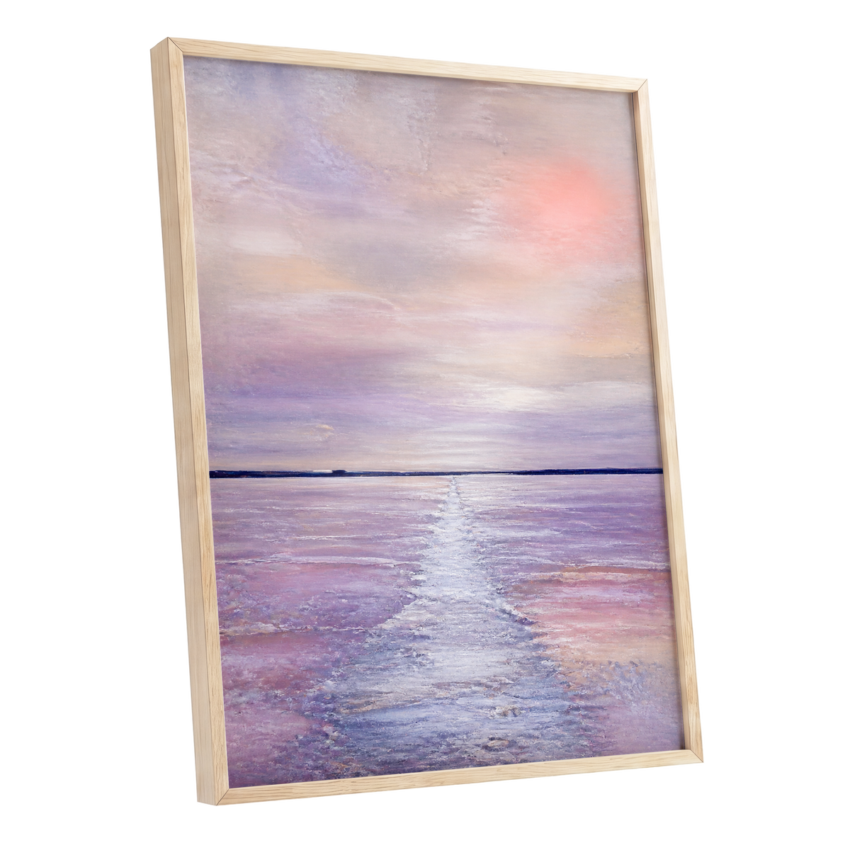 Lilac Tide, purple, pink, blue nature wall art shown as a oak framed poster wall art print