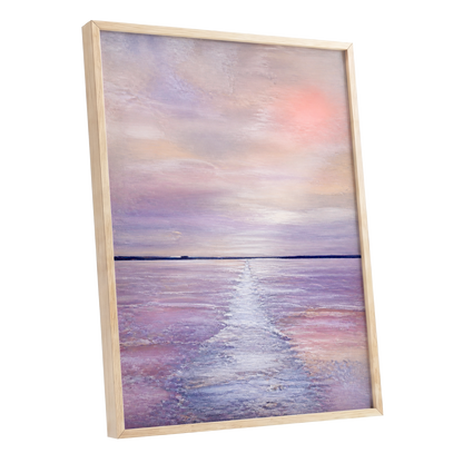 Lilac Tide, purple, pink, blue nature wall art shown as a oak framed poster wall art print