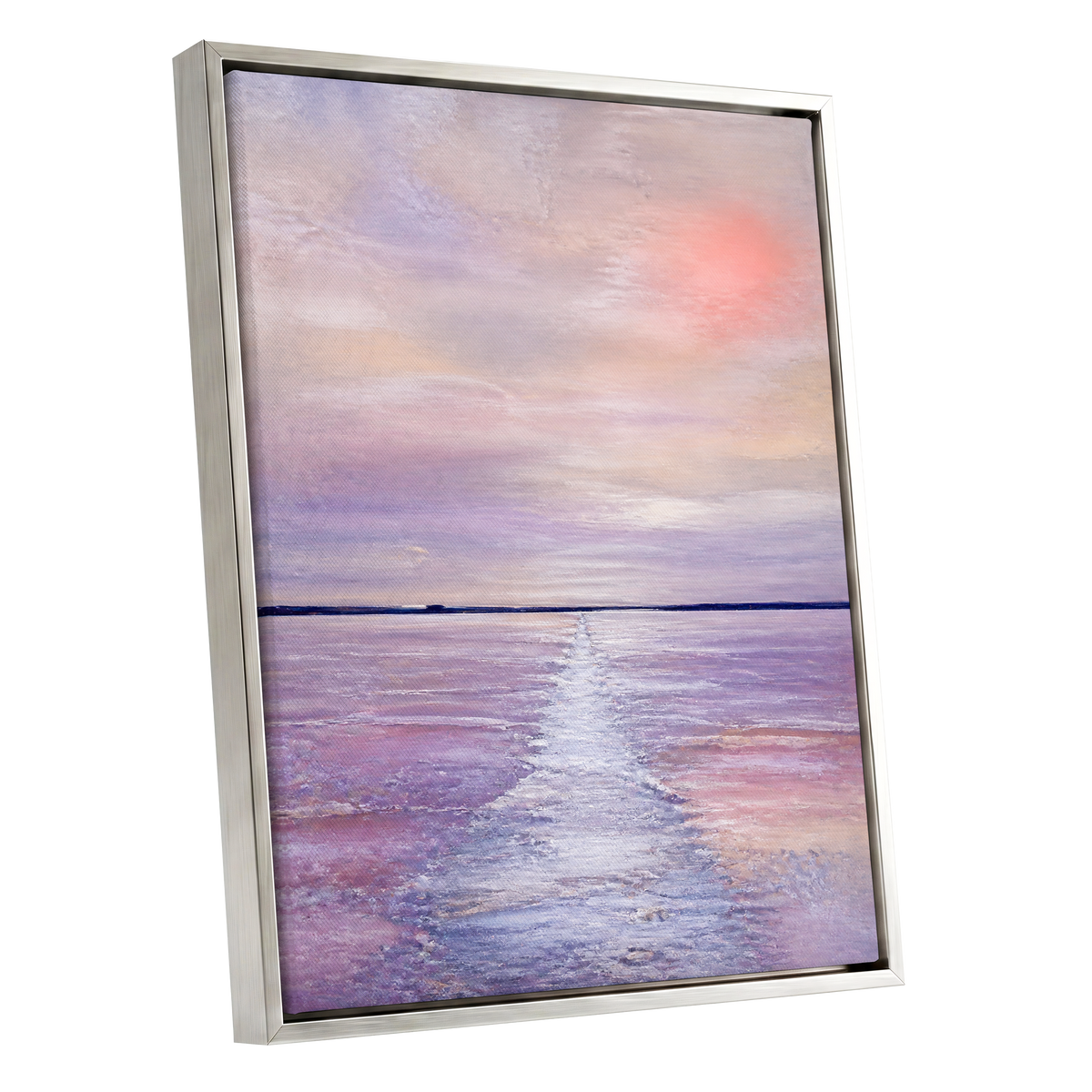 Lilac Tide, purple, pink, blue nature wall art shown as a silver framed canvas wall art