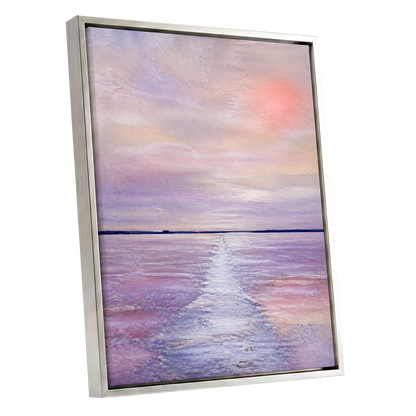 Lilac Tide, purple, pink, blue nature wall art shown as a silver framed canvas wall art