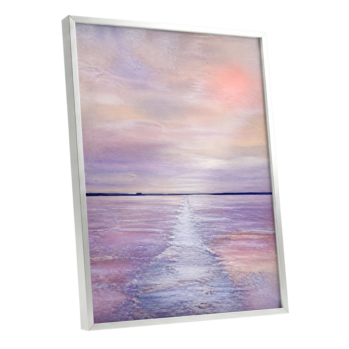 Lilac Tide, purple, pink, blue nature wall art shown as a silver framed poster wall art print