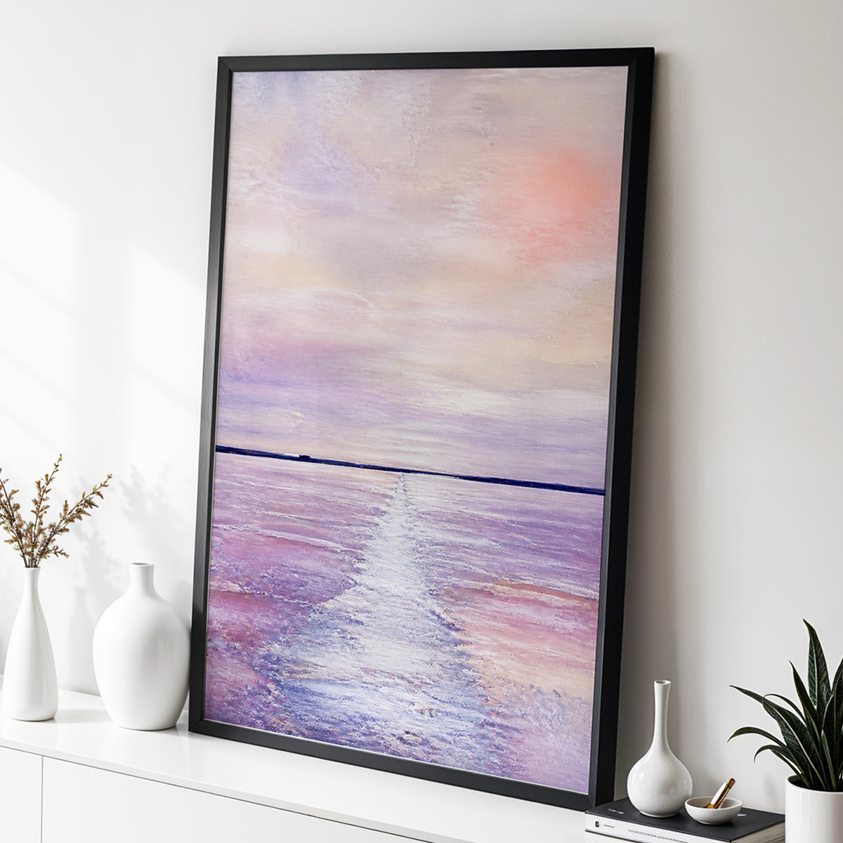 Lilac Tide, purple, pink, blue nature wall art displayed in a styled interior, gallery view 6