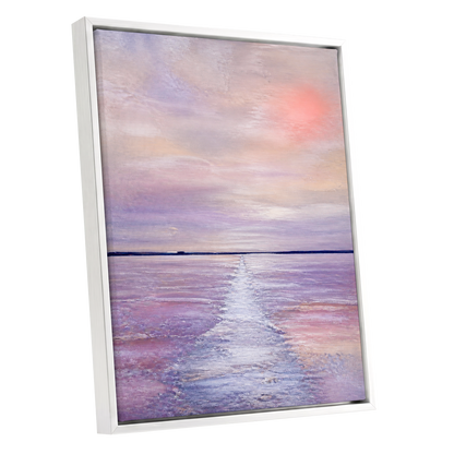 Lilac Tide, purple, pink, blue nature wall art shown as a white framed canvas wall art