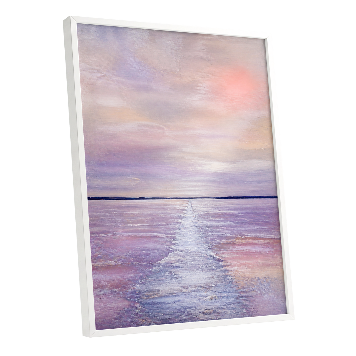 Lilac Tide, purple, pink, blue nature wall art shown as a white framed poster wall art print