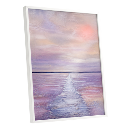Lilac Tide, purple, pink, blue nature wall art shown as a white framed poster wall art print