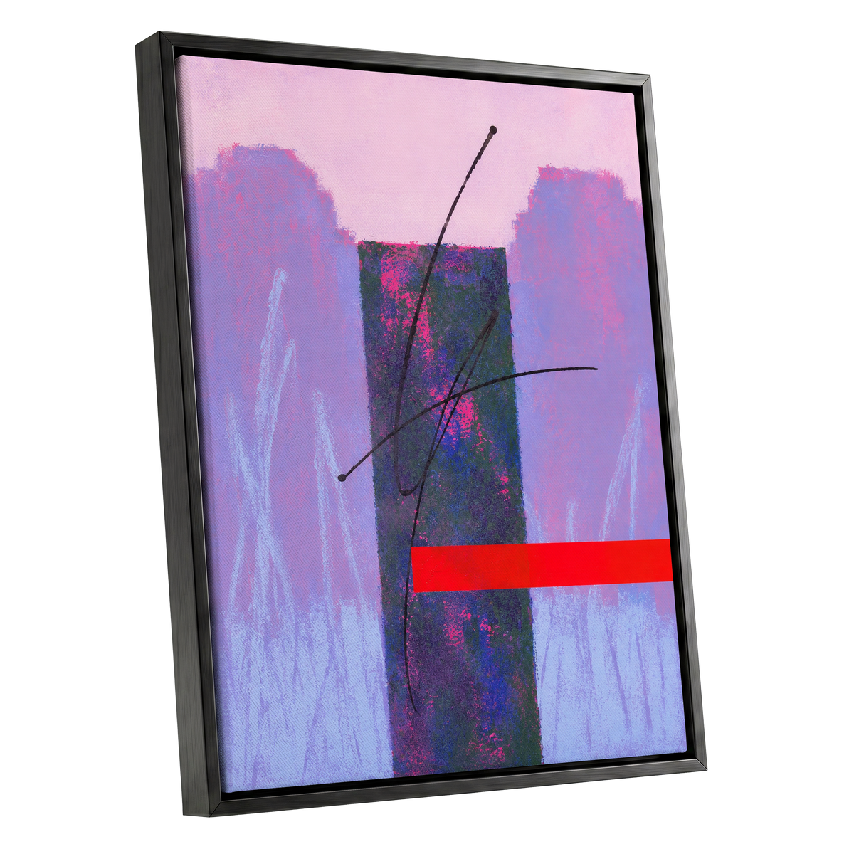 Lilac Voltage, pink, purple, blue abstract wall art shown as a black framed canvas wall art
