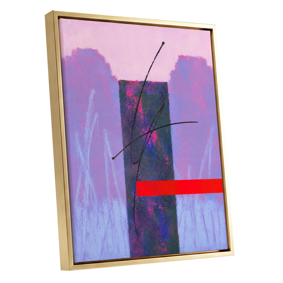 Lilac Voltage, pink, purple, blue abstract wall art shown as a gold framed canvas wall art