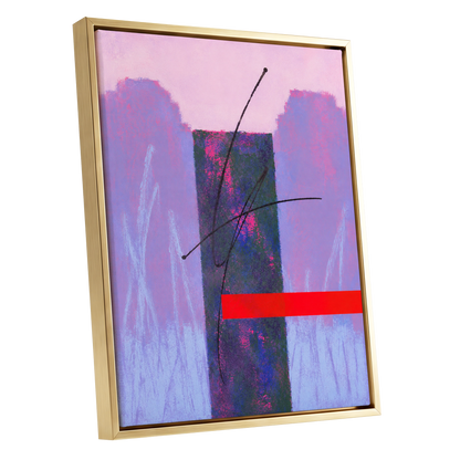 Lilac Voltage, pink, purple, blue abstract wall art shown as a gold framed canvas wall art
