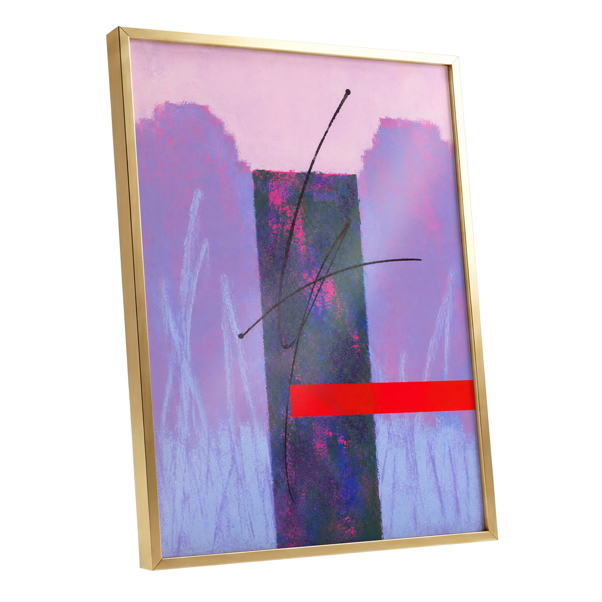 Lilac Voltage, pink, purple, blue abstract wall art shown as a gold framed poster wall art print