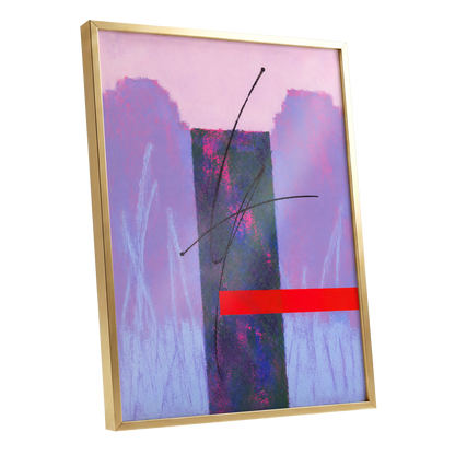Lilac Voltage, pink, purple, blue abstract wall art shown as a gold framed poster wall art print
