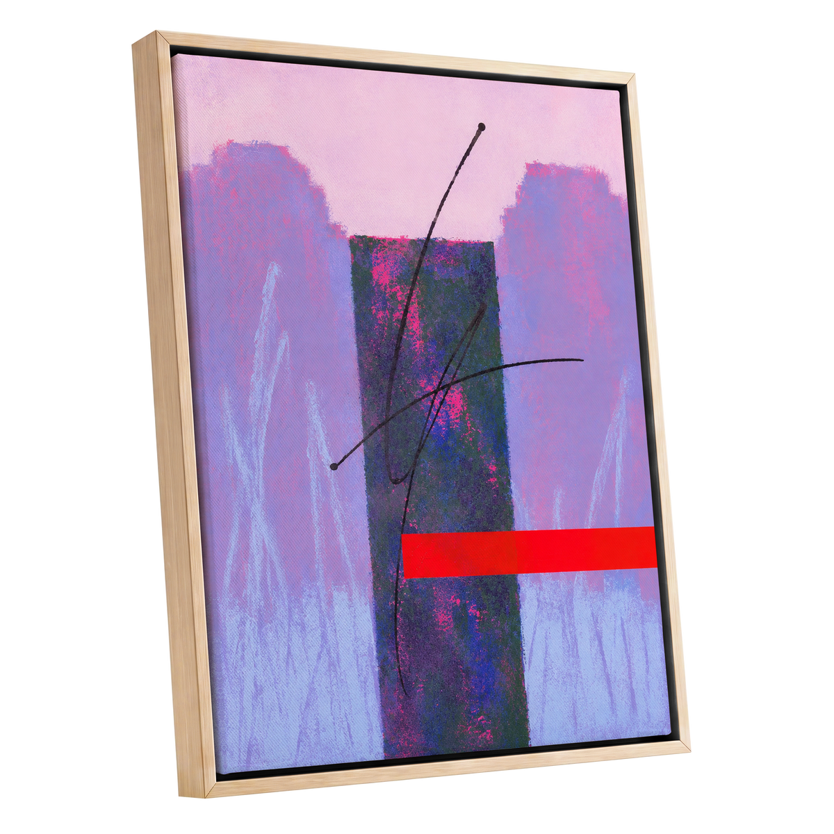 Lilac Voltage, pink, purple, blue abstract wall art shown as a oak framed canvas wall art
