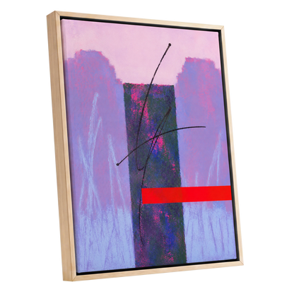 Lilac Voltage, pink, purple, blue abstract wall art shown as a oak framed canvas wall art