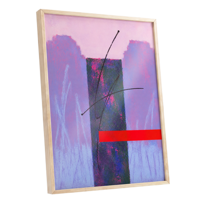 Lilac Voltage, pink, purple, blue abstract wall art shown as a oak framed poster wall art print