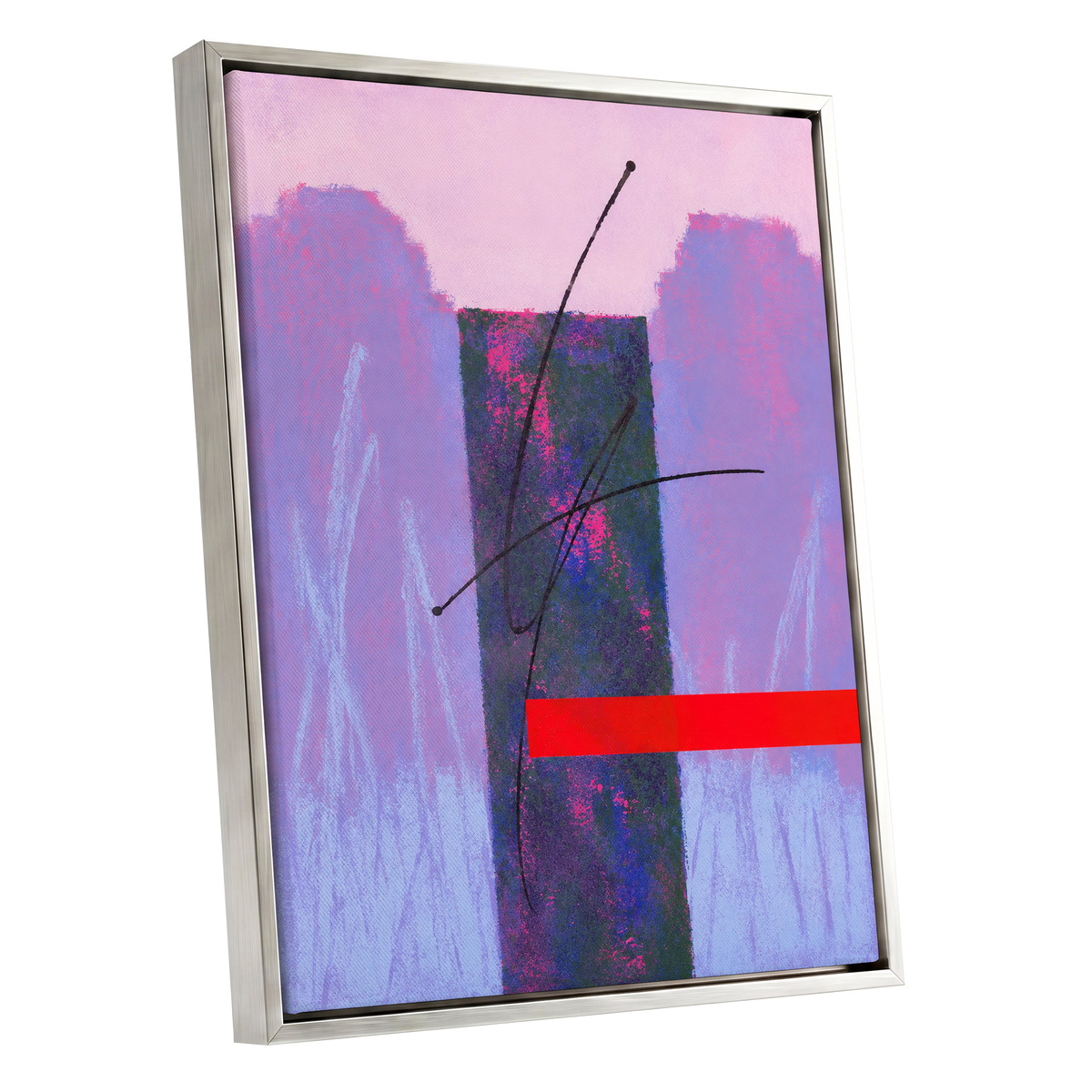 Lilac Voltage, pink, purple, blue abstract wall art shown as a silver framed canvas wall art