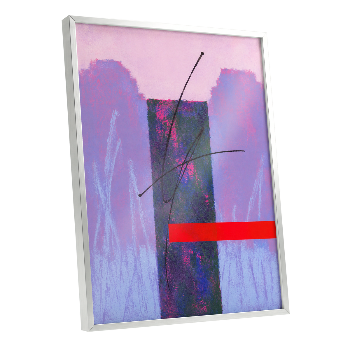 Lilac Voltage, pink, purple, blue abstract wall art shown as a silver framed poster wall art print