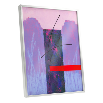 Lilac Voltage, pink, purple, blue abstract wall art shown as a silver framed poster wall art print