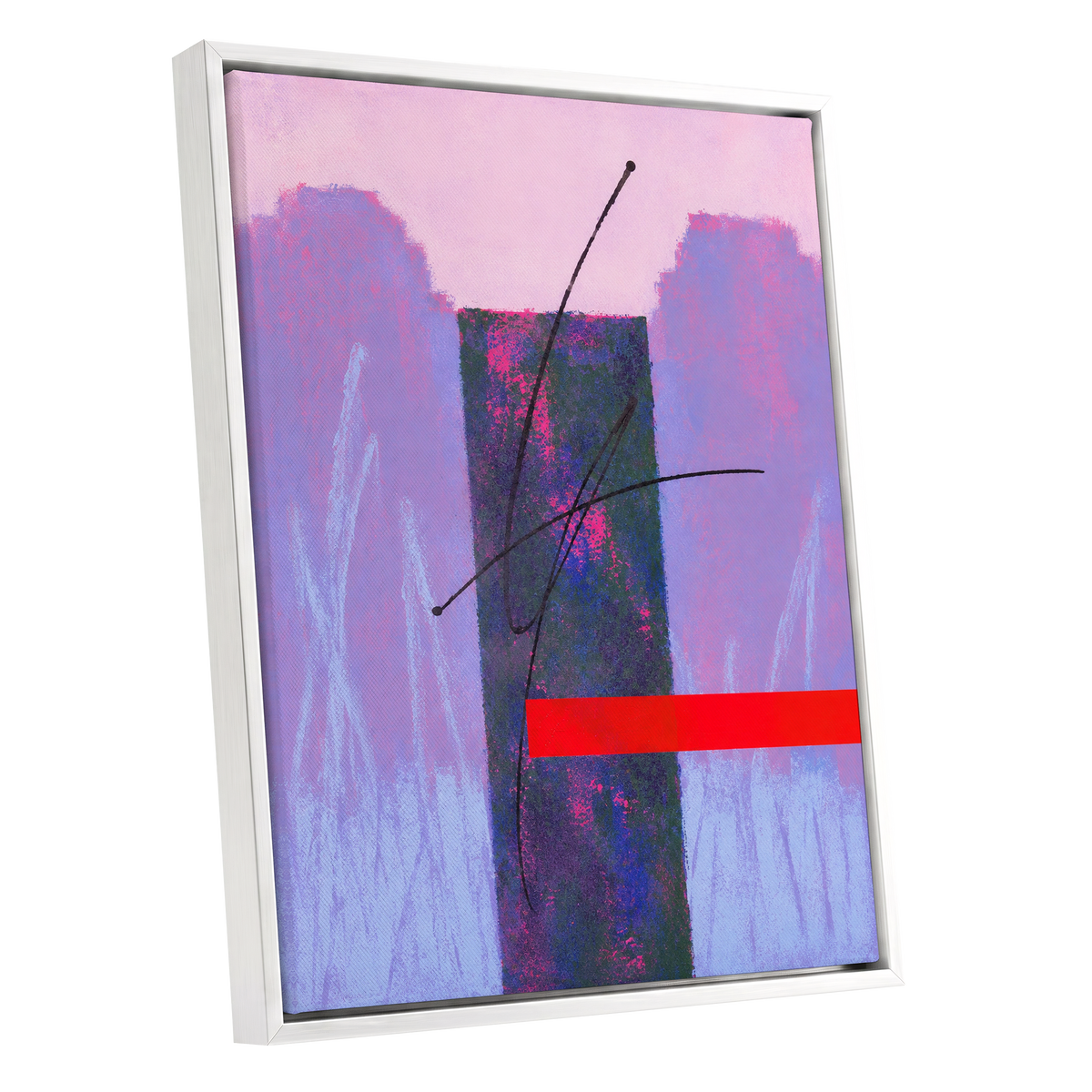 Lilac Voltage, pink, purple, blue abstract wall art shown as a white framed canvas wall art