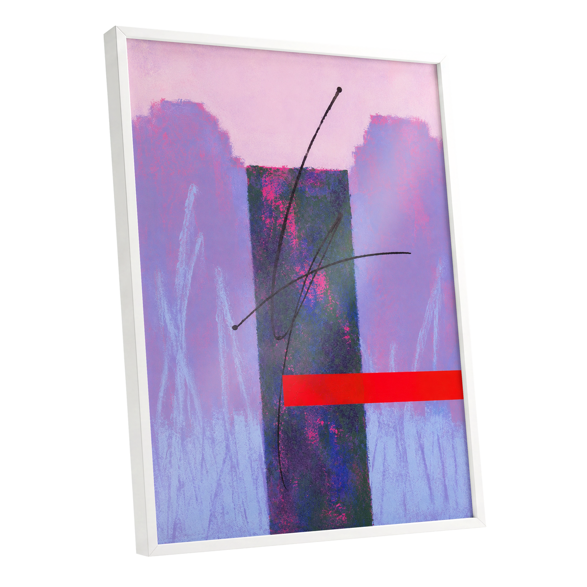 Lilac Voltage, pink, purple, blue abstract wall art shown as a white framed poster wall art print