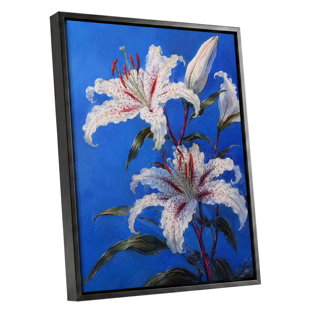 Lilies in Cobalt, blue, white, green floral wall art shown as a black framed canvas wall art