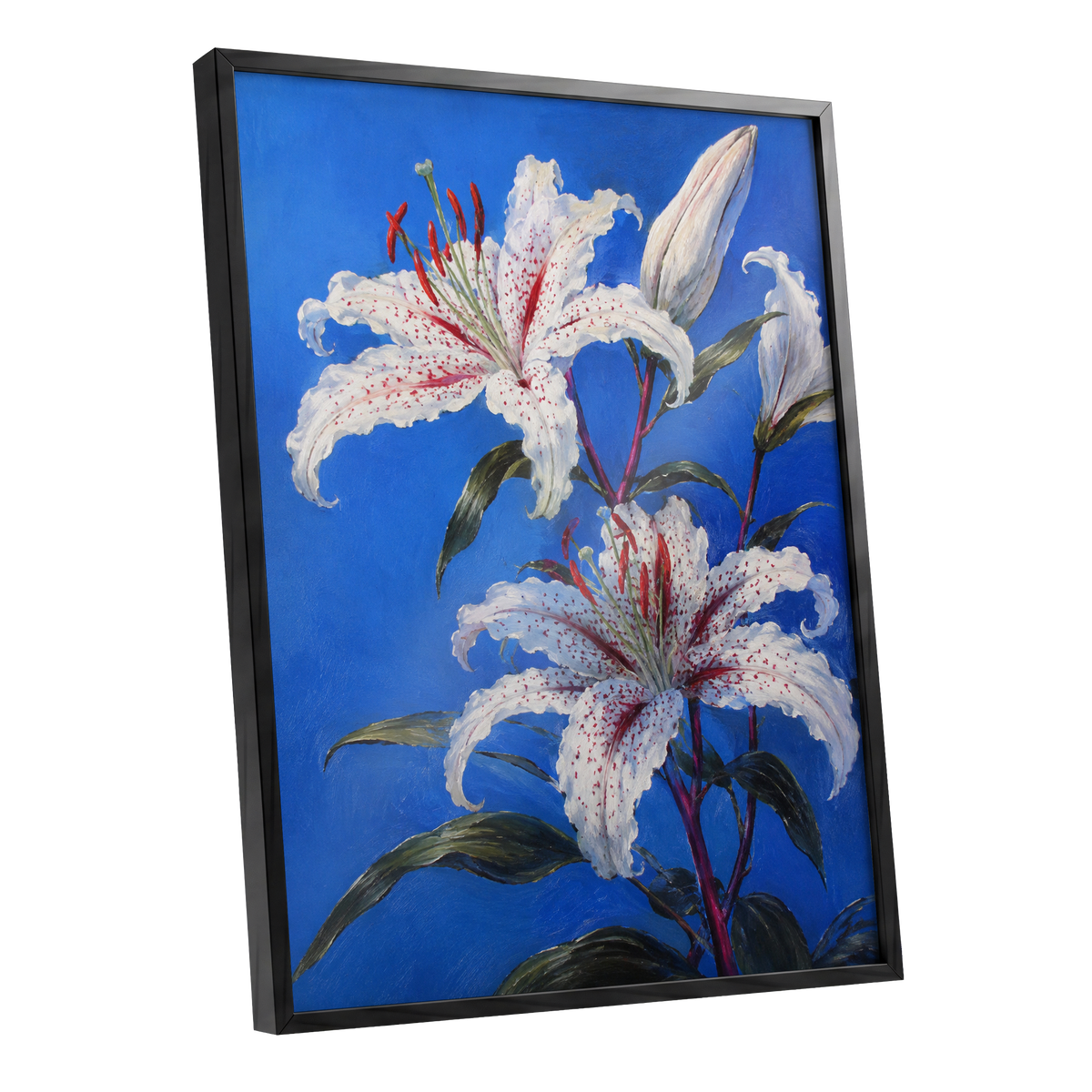 Lilies in Cobalt, blue, white, green floral wall art shown as a black framed poster wall art print