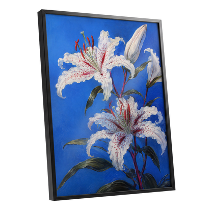 Lilies in Cobalt, blue, white, green floral wall art shown as a black framed poster wall art print