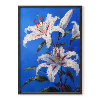 Lilies in Cobalt, blue, white, green floral wall art, front artwork view