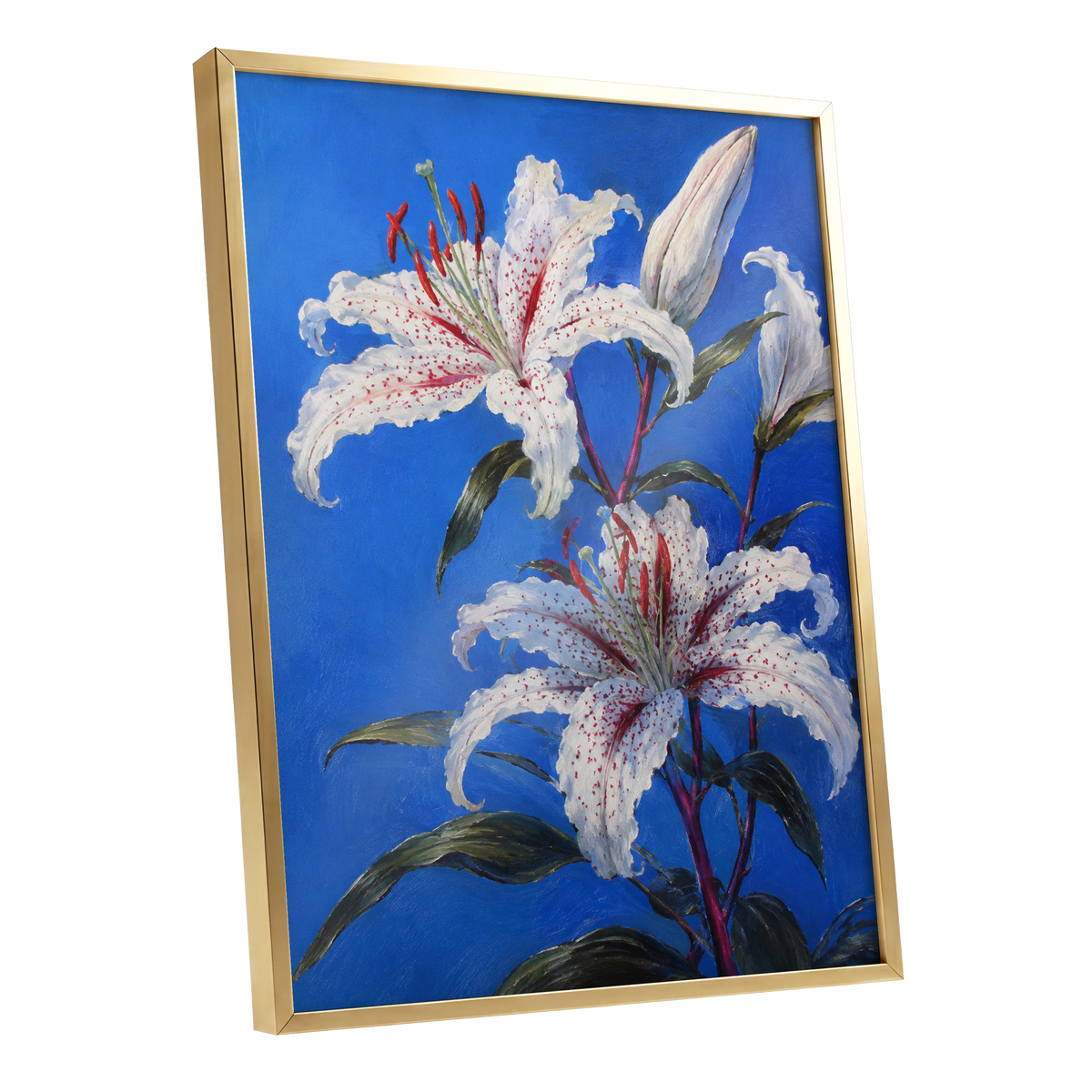 Lilies in Cobalt, blue, white, green floral wall art shown as a gold framed poster wall art print