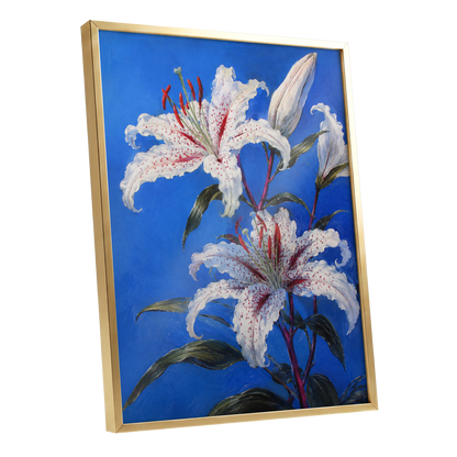 Lilies in Cobalt, blue, white, green floral wall art shown as a gold framed poster wall art print