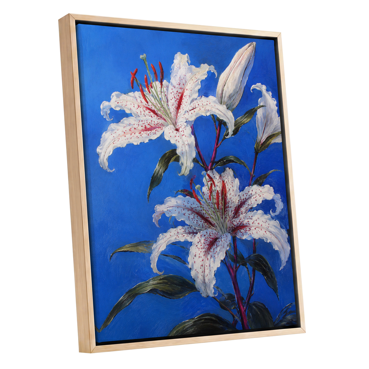 Lilies in Cobalt, blue, white, green floral wall art shown as a oak framed canvas wall art