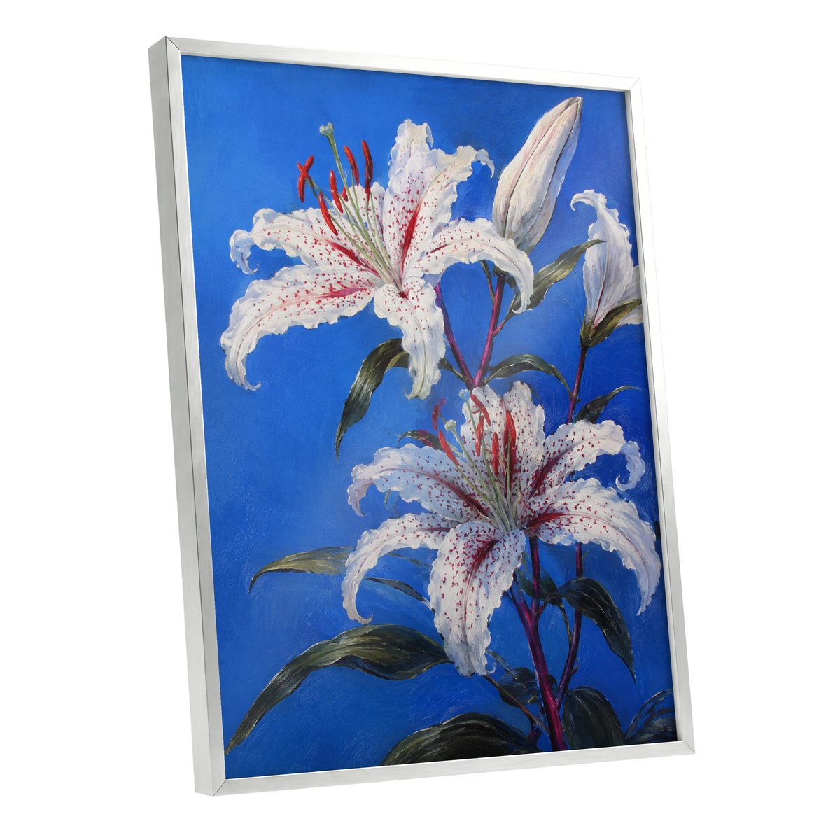 Lilies in Cobalt, blue, white, green floral wall art shown as a silver framed poster wall art print