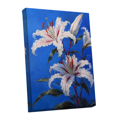 Lilies in Cobalt, blue, white, green floral wall art shown as a stretched canvas wall art
