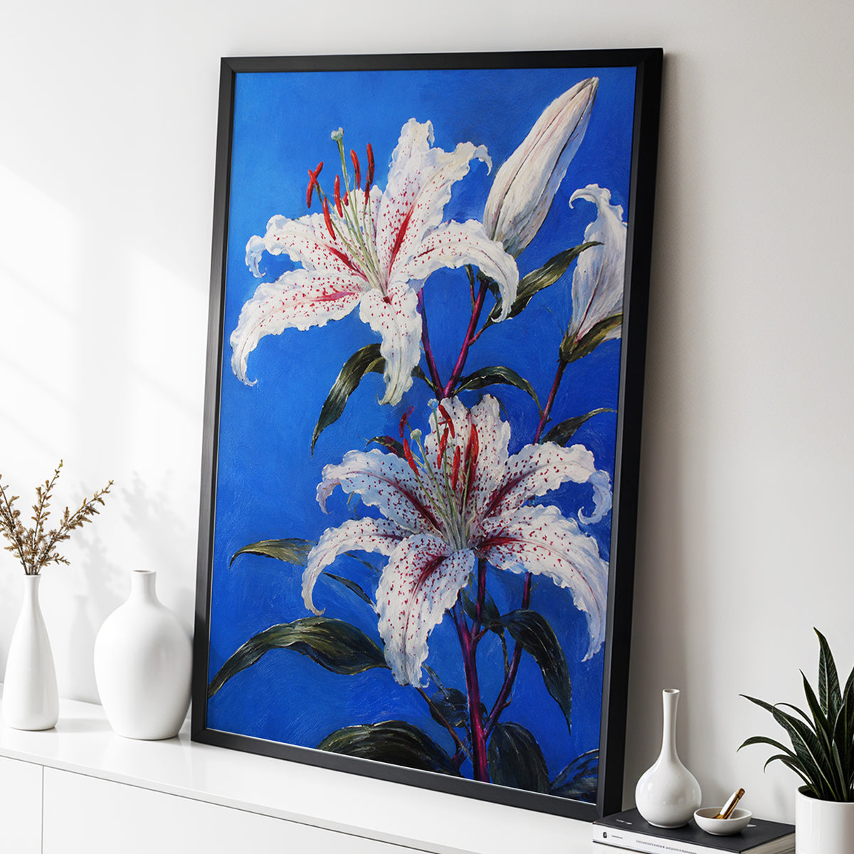 Lilies in Cobalt, blue, white, green floral wall art displayed in a styled interior, gallery view 2