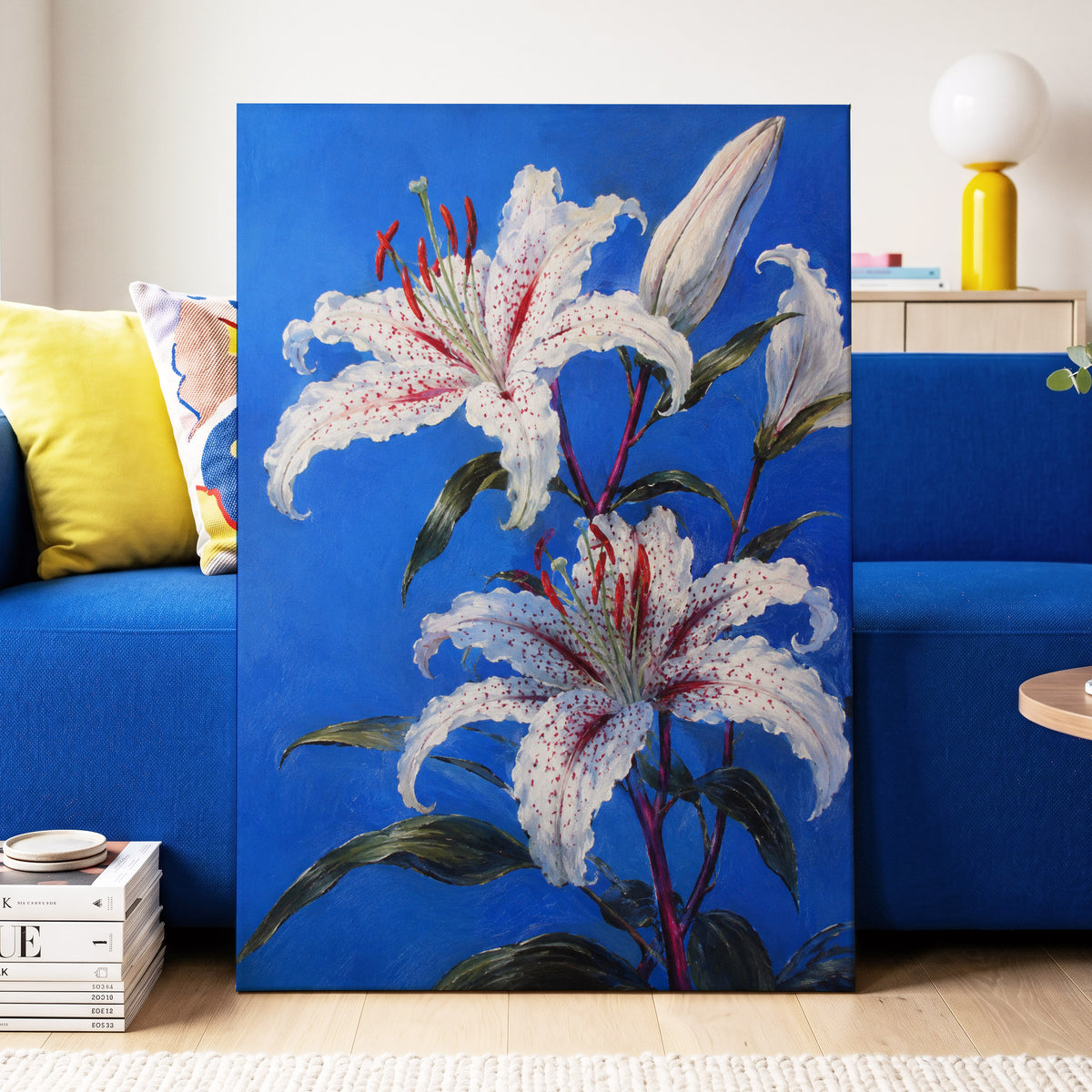 Lilies in Cobalt, blue, white, green floral wall art displayed in a styled interior, gallery view 3